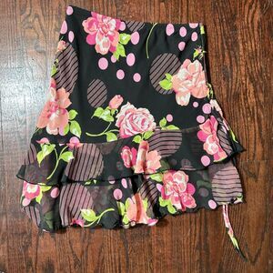 Vintage Black Floral Asymmetrical Mini Skirt Size Small